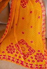 Yellow Crepe Bandhani Print with Mirror Work Suit -Set of 3