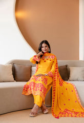 Yellow Crepe Bandhani Print with Mirror Work Suit -Set of 3