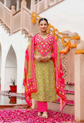 Green & Pink Bandhani Print with Mirror Work Suit -Set of 3