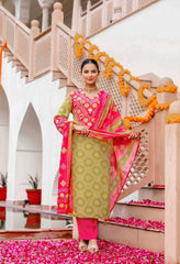 Green & Pink Bandhani Print with Mirror Work Suit -Set of 3