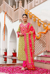 Green & Pink Bandhani Print with Mirror Work Suit -Set of 3