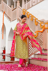 Green & Pink Bandhani Print with Mirror Work Suit -Set of 3