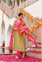 Green & Pink Bandhani Print with Mirror Work Suit -Set of 3