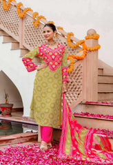 Green & Pink Bandhani Print with Mirror Work Suit -Set of 3