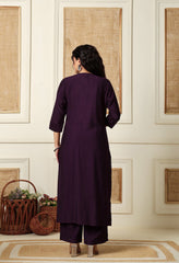 Wine Vertical Silk A-Line Kurta With Pants- Set of 2
