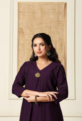 Wine Vertical Silk A-Line Kurta With Pants- Set of 2
