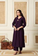 Wine Vertical Silk A-Line Kurta With Pants- Set of 2