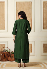 Green Vertical Silk A-Line Kurta With Pants- Set of 2