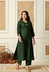 Green Vertical Silk A-Line Kurta With Pants- Set of 2