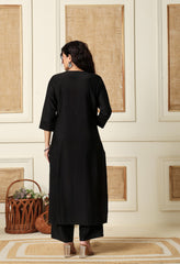 Black Vertical Silk A-Line Kurta With Pants- Set of 2