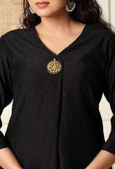 Black Vertical Silk A-Line Kurta With Pants- Set of 2