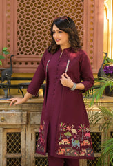 Wine Cotton Set With Detachable Embroidered Jacket - Set of 3