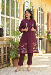 Wine Cotton Set With Detachable Embroidered Jacket - Set of 3