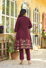 Wine Cotton Set With Detachable Embroidered Jacket - Set of 3