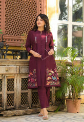 Wine Cotton Set With Detachable Embroidered Jacket - Set of 3