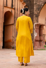 Yellow Cotton Schiffli Work A-Line Kurta Set With Real Mirror Work-Set of 2