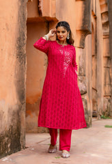 Magenta Cotton Schiffli Work A-Line Kurta Set With Real Mirror Work-Set of 2