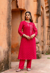 Magenta Cotton Schiffli Work A-Line Kurta Set With Real Mirror Work-Set of 2