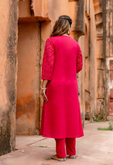 Magenta Cotton Schiffli Work A-Line Kurta Set With Real Mirror Work-Set of 2