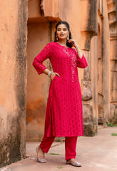 Magenta Cotton Schiffli Work A-Line Kurta Set With Real Mirror Work-Set of 2