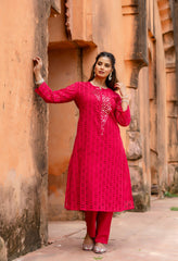 Magenta Cotton Schiffli Work A-Line Kurta Set With Real Mirror Work-Set of 2