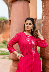 Magenta Cotton Schiffli Work A-Line Kurta Set With Real Mirror Work-Set of 2