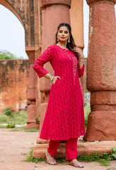 Magenta Cotton Schiffli Work A-Line Kurta Set With Real Mirror Work-Set of 2