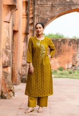 Green Cotton Schiffli Work A-Line Kurta Set With Real Mirror Work-Set of 2