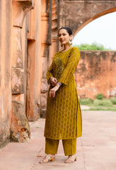 Green Cotton Schiffli Work A-Line Kurta Set With Real Mirror Work-Set of 2