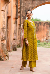 Green Cotton Schiffli Work A-Line Kurta Set With Real Mirror Work-Set of 2