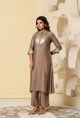 Beige Cotton Silk A-Line Kurta Set - Set of 2