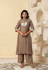 Beige Cotton Silk A-Line Kurta Set - Set of 2