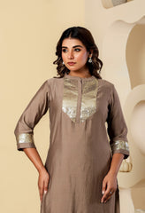 Beige Cotton Silk A-Line Kurta Set - Set of 2