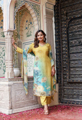 Mustard Yellow Crepe Digital Print Hand embroidered Suit - Set of 3