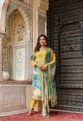 Mustard Yellow Crepe Digital Print Hand embroidered Suit - Set of 3