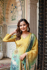 Mustard Yellow Crepe Digital Print Hand embroidered Suit - Set of 3