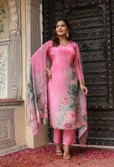 Pink Crepe Digital Print Hand embroidered Suit - Set of 3