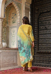 Mustard Yellow Crepe Digital Print Hand embroidered Suit - Set of 3