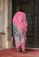 Pink Crepe Digital Print Hand embroidered Suit - Set of 3