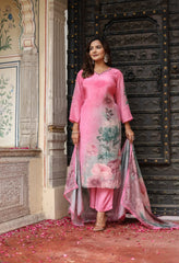 Pink Crepe Digital Print Hand embroidered Suit - Set of 3