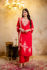 Red Crepe Digital Print Mirror Work Suit - Set of 3