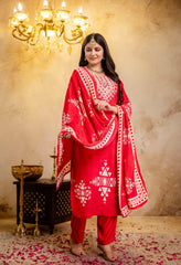 Red Crepe Digital Print Mirror Work Suit - Set of 3