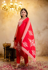 Red Crepe Digital Print Mirror Work Suit - Set of 3