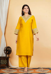 Yellow Mul Chanderi Zari Sequin Embroidered Suit-Set of 3