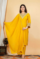 Yellow Mul Chanderi Zari Sequin Embroidered Suit-Set of 3