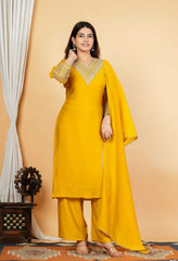 Yellow Mul Chanderi Zari Sequin Embroidered Suit-Set of 3