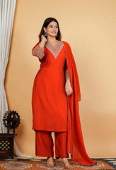 Rust Orange Mul Chanderi Zari Sequin Embroidered Suit-Set of 3