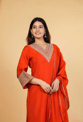 Rust Orange Mul Chanderi Zari Sequin Embroidered Suit-Set of 3