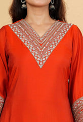 Rust Orange Mul Chanderi Zari Sequin Embroidered Suit-Set of 3