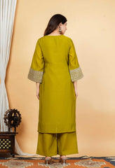 Green Mul Chanderi Zari Sequin Embroidered Suit-Set of 3